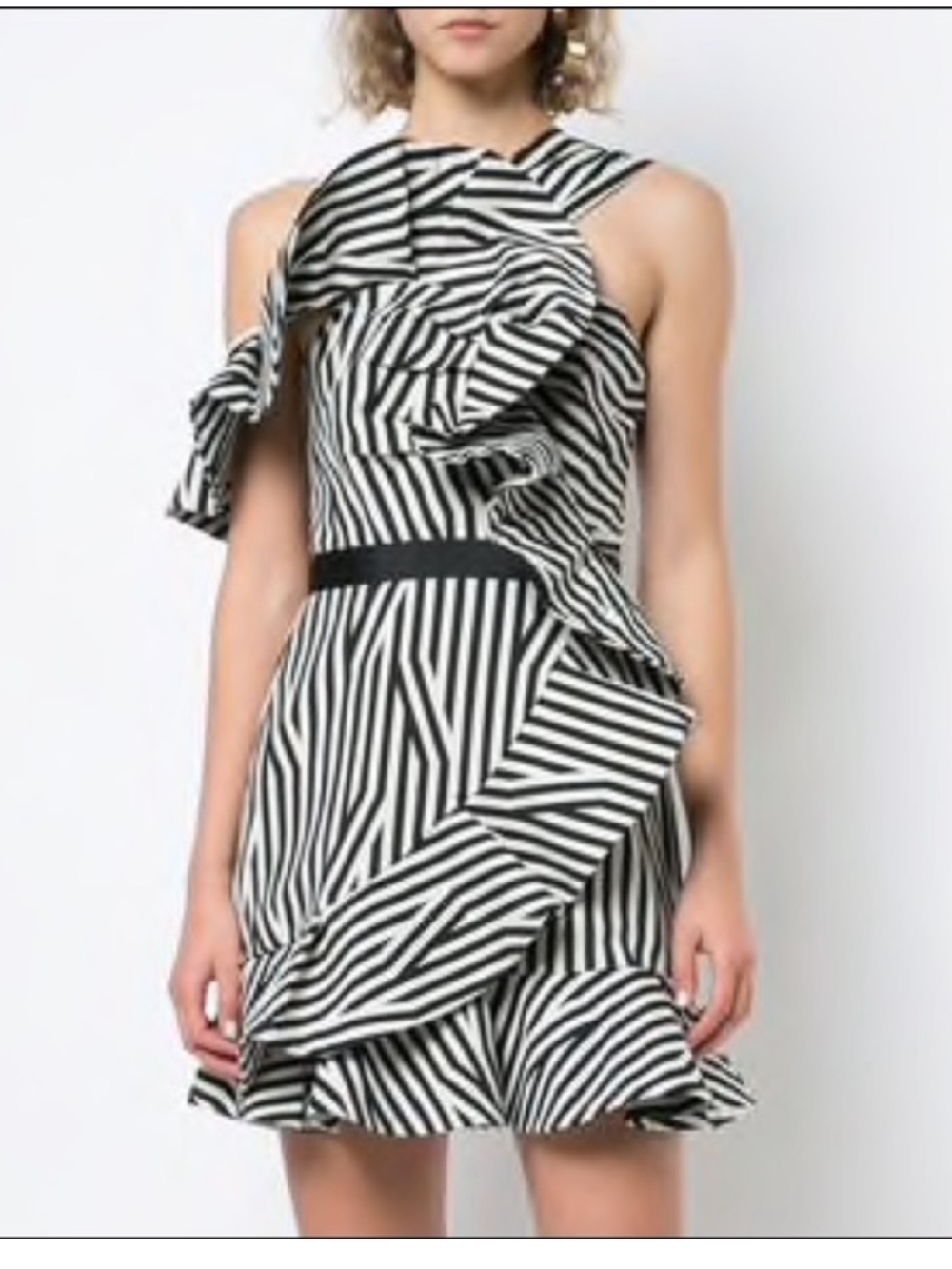 Self-Portrait Monochrome striped asymmetric ruffled mini dress Size 6